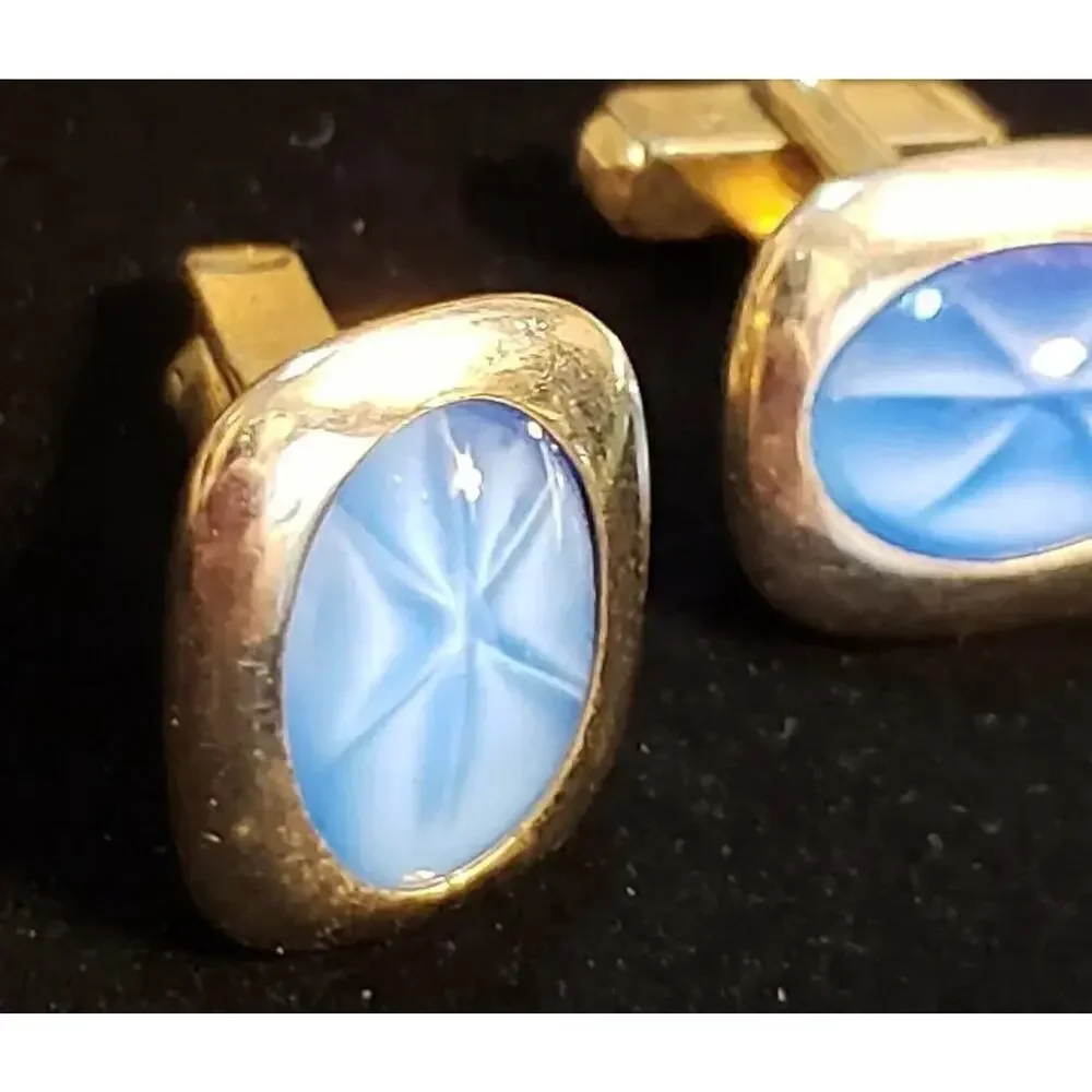 Blue Cuff‎ Links Faux Star Sapphire Vintage Gift for Him Cufflinks Gold-tone cl-